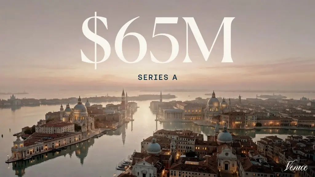Venice $65 million Series A announcement over an aerial view of Venice at dawn