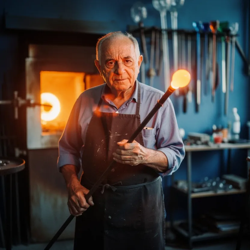 Flux 2 Max: Editorial portrait of an elderly Venetian glassblower in his Murano workshop, weathered face lit by the orange glow of the furnace, holding a blowpipe with a glowing bead of molten glass, deep blue shadows behind him, shallow depth of field, shot on medium format film, fine grain
