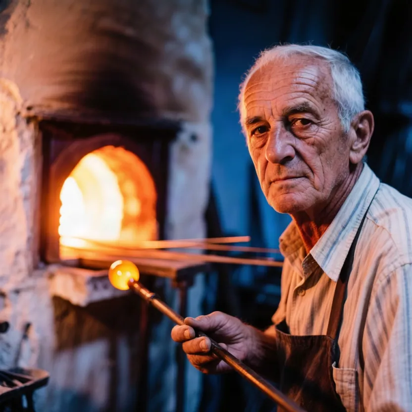 Hunyuan Image 3.0: Editorial portrait of an elderly Venetian glassblower in his Murano workshop, weathered face lit by the orange glow of the furnace, holding a blowpipe with a glowing bead of molten glass, deep blue shadows behind him, shallow depth of field, shot on medium format film, fine grain