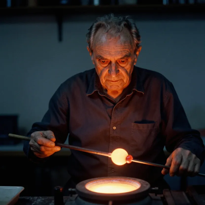 Z-Image Turbo: Editorial portrait of an elderly Venetian glassblower in his Murano workshop, weathered face lit by the orange glow of the furnace, holding a blowpipe with a glowing bead of molten glass, deep blue shadows behind him, shallow depth of field, shot on medium format film, fine grain