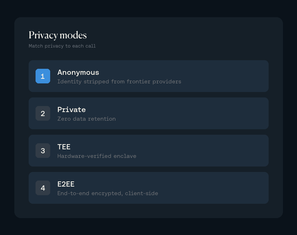 Venice privacy modes: Anonymous, Private, TEE, E2EE