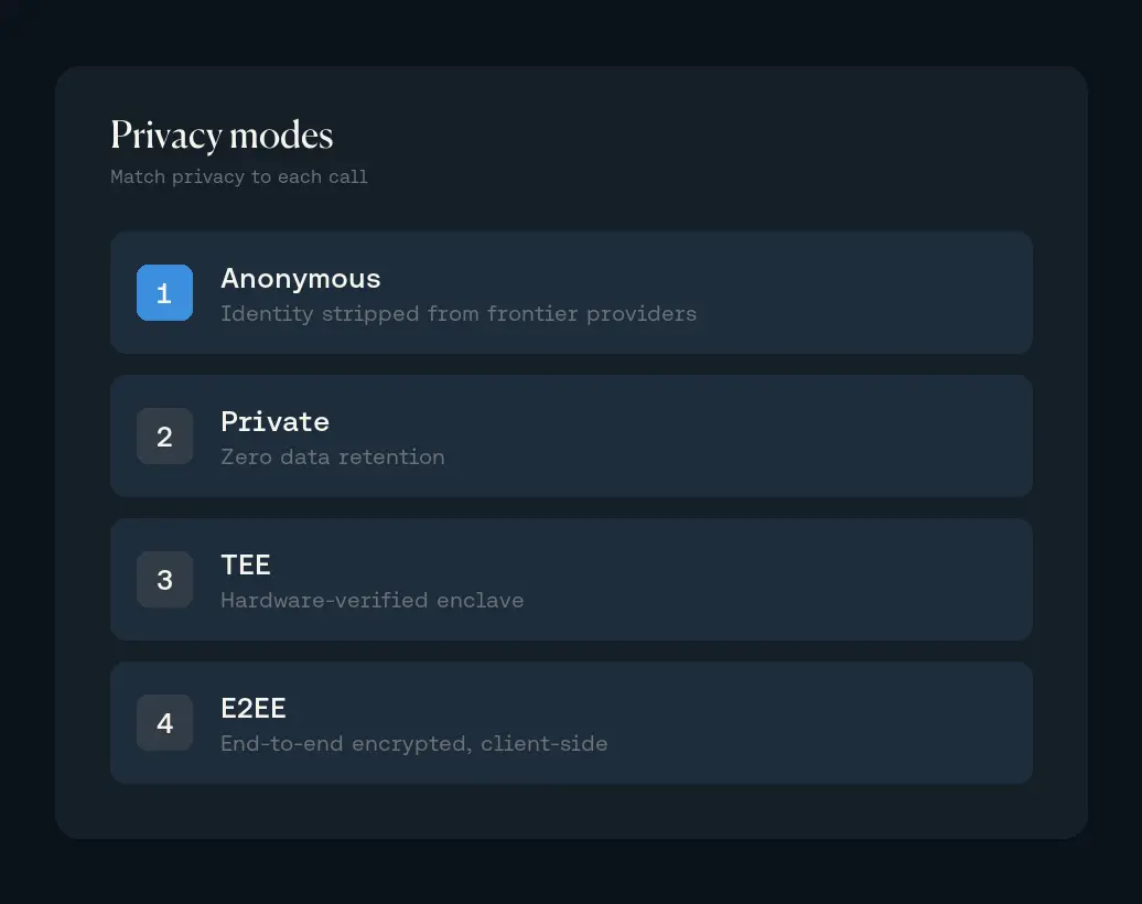 Venice privacy modes: Anonymous, Private, TEE, E2EE